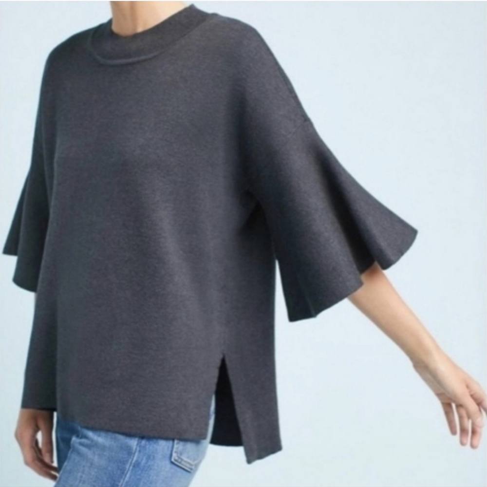 ANTHROPOLOGIE Dark Gray Oversized 3/4 Sleeve‎ Pullover Minimalist Sweater XS